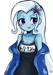 Size: 500x700 | Tagged: suggestive, artist:weiliy, derpibooru import, trixie, equestria girls, aside glance, barrette, blushing, clothes, cute, diatrixes, female, hairclip, hairpin, hoodie, japanese, looking at you, one-piece swimsuit, school swimsuit, sideways glance, simple background, smiling, solo, standing, sukumizu, swimsuit, undressing, white background