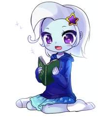 Size: 500x619 | Tagged: safe, artist:weiliy, derpibooru import, trixie, equestria girls, alternate hairstyle, barrette, blushing, book, clothes, cute, daaaaaaaaaaaw, diatrixes, dress, eye sparkles, female, hairclip, hairpin, happy, hnnng, hoodie, open mouth, reading, short hair, simple background, sitting, skirt, smiling, socks, solo, the wizard of oz, the wonderful wizard of oz, weiliy is trying to murder us, white background, wingding eyes, younger