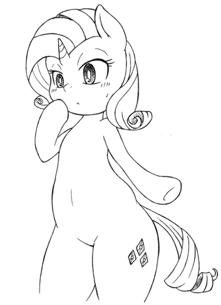 Size: 442x610 | Tagged: safe, artist:auntie_grub, derpibooru import, rarity, belly button, grayscale, monochrome, simple background, solo