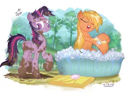 Size: 934x698 | Tagged: safe, artist:jowybean, derpibooru import, applejack, twilight sparkle, twilight sparkle (alicorn), alicorn, earth pony, pony, twijack weekly, bath, bathtub, female, lesbian, loose hair, mare, messy, messy mane, mud, muddy, outdoors, shipping, soap, towel, twijack, wet mane