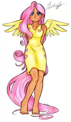 Size: 703x1200 | Tagged: artist:aphexangel, artist:pony-darksun, barefoot, blushing, clothes, colored, derpibooru import, dress, feet, fluttershy, human, humanized, looking at you, nail polish, safe, smiling, solo, tailed humanization, winged humanization