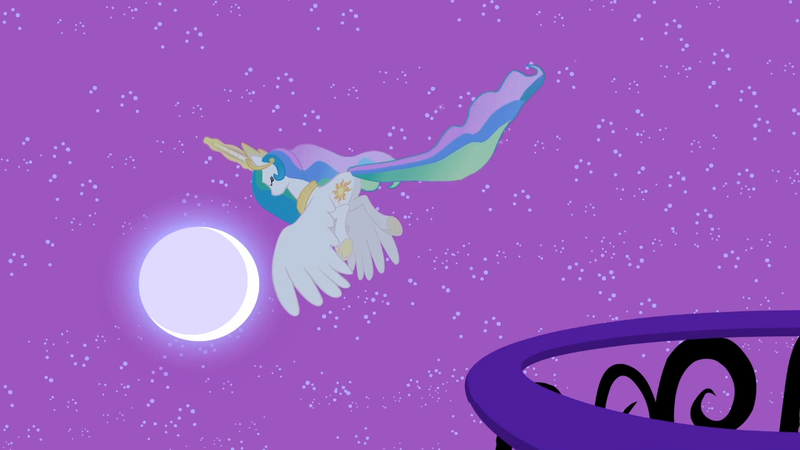 Size: 1366x768 | Tagged: safe, derpibooru import, screencap, princess celestia, alicorn, pony, lesson zero, ethereal mane, eyes closed, female, flying, mare, moon, night, solo, spread wings, wings