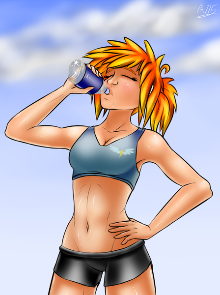 Size: 523x700 | Tagged: armpits, artist:drizziedoodles, belly button, clothes, derpibooru import, human, humanized, midriff, safe, solo, spitfire, sports bra