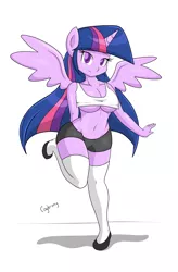 Size: 4202x6418 | Tagged: absurd resolution, ambiguous facial structure, anthro, artist:thebrokencog, belly button, breasts, busty twilight sparkle, clothes, derpibooru import, female, midriff, nudity, shorts, socks, solo, suggestive, twilight sparkle, twilight sparkle (alicorn), underboob, wings