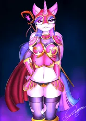 Size: 1500x2100 | Tagged: anthro, armor, artist:gamermac, breasts, clothes, derpibooru import, fingerless elbow gloves, panties, solo, stockings, suggestive, twilight sparkle, twilight sparkle (alicorn), unconvincing armor, underwear
