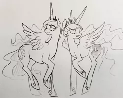 Size: 2878x2292 | Tagged: artist:glacierclear, cutie mark, derpibooru import, hilarious in hindsight, monochrome, princess celestia, princess luna, safe, sketch, swapped cutie marks, traditional art