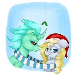 Size: 2600x2700 | Tagged: safe, artist:evomanaphy, derpibooru import, oc, oc:emerald chord, oc:evo, unofficial characters only, earth pony, pony, unicorn, evorald, holly, holly mistaken for mistletoe, shipping