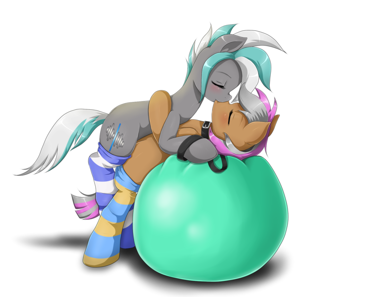 Size: 1900x1536 | Tagged: questionable, artist:evomanaphy, derpibooru import, oc, oc:magix, oc:ophelia, unofficial characters only, earth pony, pony, ball, balloon, balloon fetish, blushing, clothes, collar, eyes closed, female, hug, kissing, leash, lesbian, on back, shipping, simple background, smiling, socks, striped socks, transparent background, yoga ball