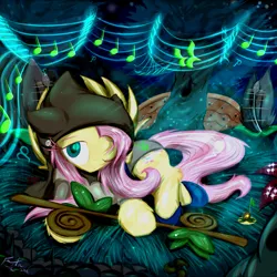 Size: 1168x1168 | Tagged: safe, artist:frist44, derpibooru import, fluttershy, crossover, forest, god tier, hero of life, homestuck, music, page of life, plant, ponystuck, staff, story included