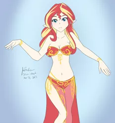 Size: 1280x1372 | Tagged: 30 minute art challenge, artist:jonfawkes, belly button, belly dancer, breasts, cleavage, derpibooru import, elf ears, female, human, humanized, midriff, see-through, solo, solo female, suggestive, sunset shimmer