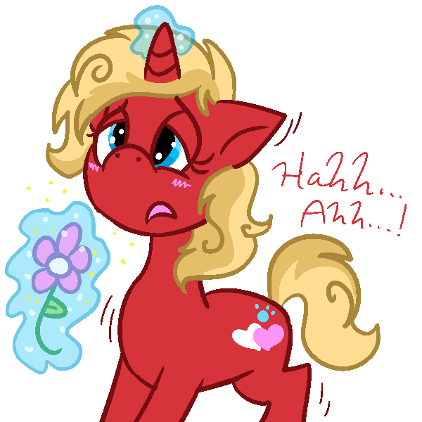 Size: 600x600 | Tagged: safe, artist:php68, derpibooru import, oc, oc:rosyred, unofficial characters only, pony, unicorn, allergies, blushing, flower, magic, nostrils, pre sneeze, shivering, simple background, sneezing, solo, telekinesis, transparent background