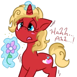 Size: 600x600 | Tagged: safe, artist:php68, derpibooru import, oc, oc:rosyred, unofficial characters only, pony, unicorn, allergies, blushing, flower, magic, nostrils, pre sneeze, shivering, simple background, sneezing, solo, telekinesis, transparent background