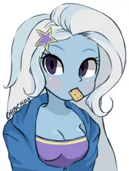 Size: 3000x4000 | Tagged: safe, artist:chibicmps, derpibooru import, trixie, equestria girls, adorasexy, blushing, breasts, cleavage, clothes, crackers, cute, diatrixes, female, food, hoodie, looking at you, peanut butter, peanut butter crackers, sexy, solo, that human sure does love peanut butter crackers