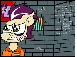 Size: 1125x833 | Tagged: artist:lordcurly972, bandage, black eye, clothes, derpibooru import, high heel, jail, prison outfit, safe, twilight sparkle
