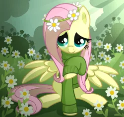 Size: 2088x1972 | Tagged: safe, artist:wingedwolf94, deleted from derpibooru, derpibooru import, fluttershy, pegasus, pony, bottomless, c:, clothes, cute, daaaaaaaaaaaw, floral head wreath, flower, flower in hair, headband, lidded eyes, looking at you, looking up, nature, outdoors, partial nudity, raised hoof, shyabetes, sitting, smiling, solo, spread wings, sweater, sweatershy