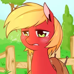 Size: 900x900 | Tagged: safe, artist:cold-blooded-twilight, derpibooru import, big macintosh, earth pony, pony, blushing, colt, crying, dialogue, lil macintosh, male, solo, stallion