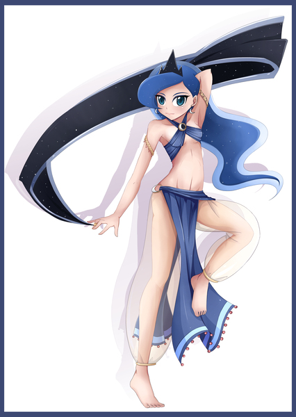 Size: 2552x3598 | Tagged: suggestive, artist:jinzhan, derpibooru import, princess luna, human, anklet, armpits, balancing, barefoot, belly dancer, bocas top, breasts, dancing, delicious flat chest, feet, female, flatuna, harem outfit, harem pants, humanized, image, jpeg, looking at you, midriff, ribbon, see-through, smiling, solo, solo female, toes