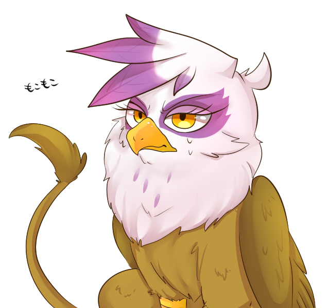 Size: 635x600 | Tagged: safe, artist:hosikawa, derpibooru import, gilda, gryphon, female, fluffy, folded wings, frown, image, jpeg, pixiv, raised tail, ruffled feathers, simple background, sitting, solo, tail, white background, wings