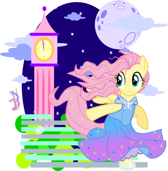 Size: 4640x4737 | Tagged: absurd resolution, artist:meganlovesangrybirds, cinderella, cindershy, clock tower, clothes, derpibooru import, disney, dress, fluttershy, moon, safe, simple background, solo, transparent background, vector