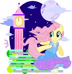 Size: 4640x4737 | Tagged: absurd resolution, artist:meganlovesangrybirds, cinderella, cindershy, clock tower, clothes, derpibooru import, disney, dress, fluttershy, moon, safe, simple background, solo, transparent background, vector