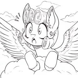 Size: 1000x1000 | Tagged: safe, artist:aphexangel, derpibooru import, oc, unofficial characters only, pegasus, pony, cloud, cloudy, lineart, monochrome, solo, surprised, unshorn fetlocks, wingboner