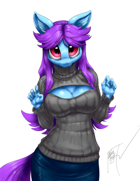 Size: 1280x1656 | Tagged: suggestive, artist:aphexangel, derpibooru import, oc, oc:lyrica, unofficial characters only, anthro, anthro oc, breasts, cleavage, clothes, female, image, keyhole turtleneck, open-chest sweater, png, skirt, solo, sweater, turtleneck