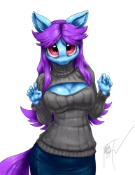 Size: 1280x1656 | Tagged: suggestive, artist:aphexangel, derpibooru import, oc, oc:lyrica, unofficial characters only, anthro, anthro oc, breasts, cleavage, clothes, female, image, keyhole turtleneck, open-chest sweater, png, skirt, solo, sweater, turtleneck