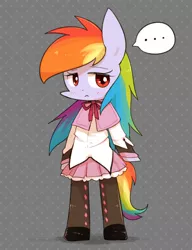 Size: 1000x1300 | Tagged: safe, artist:joycall6, derpibooru import, rainbow dash, pony, semi-anthro, ..., abstract background, bipedal, blushing, bowtie, clothes, female, homura akemi, mare, puella magi madoka magica, rainbow dash always dresses in style, skirt, solo, stockings, thigh highs, wingless