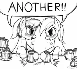 Size: 1260x1130 | Tagged: safe, artist:anearbyanimal, derpibooru import, ponified, earth pony, pony, blushing, cider, dialogue, drinking, drinking contest, drunk, epona, eye contact, female, grayscale, hat, link, looking at each other, male, mare, monochrome, motion lines, open mouth, smiling, stallion, the legend of zelda, wip