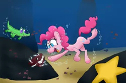 Size: 1600x1060 | Tagged: safe, artist:uwdr-64, derpibooru import, gummy, pinkie pie, alligator, earth pony, eel, fish, moray eel, pony, starfish, bubble, female, mare, ocean, swimming, this will end in pain, underwater