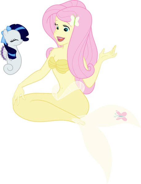 Size: 1453x1905 | Tagged: safe, artist:kaylathehedgehog, derpibooru import, fluttershy, rarity, mermaid, sea pony, equestria girls, belly button, cleavage, crossover, female, mermaid tail, mermaidized, midriff, seaponified, seapony rarity, seashell, seashell bra, species swap, the little mermaid