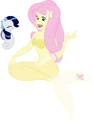 Size: 1453x1905 | Tagged: safe, artist:kaylathehedgehog, derpibooru import, fluttershy, rarity, mermaid, sea pony, equestria girls, belly button, cleavage, crossover, female, mermaid tail, mermaidized, midriff, seaponified, seapony rarity, seashell, seashell bra, species swap, the little mermaid