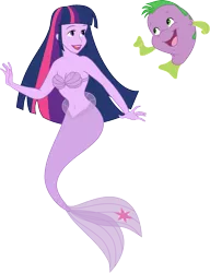 Size: 1077x1401 | Tagged: safe, artist:kaylathehedgehog, derpibooru import, spike, twilight sparkle, twilight sparkle (alicorn), alicorn, fish, mermaid, equestria girls, belly button, cleavage, crossover, disney, female, flounder, hilarious in hindsight, mermaid princess, mermaid tail, mermaidized, midriff, seashell, seashell bra, species swap, the little mermaid