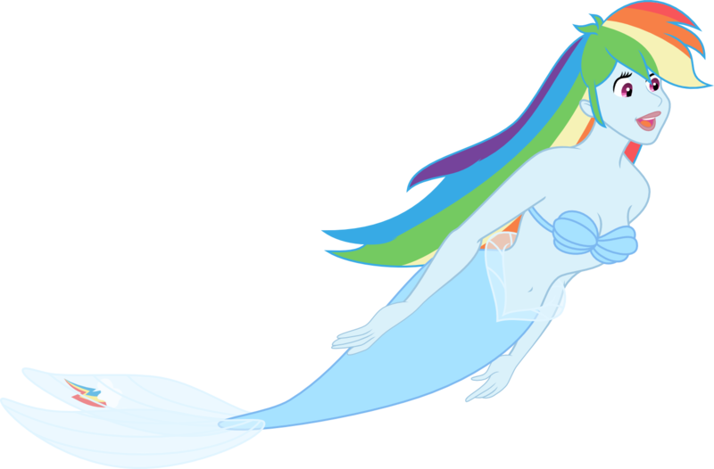 Size: 1412x929 | Tagged: safe, artist:kaylathehedgehog, derpibooru import, rainbow dash, mermaid, equestria girls, belly button, cleavage, crossover, female, mermaid tail, mermaidized, midriff, seashell, seashell bra, species swap, the little mermaid