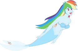 Size: 1412x929 | Tagged: safe, artist:kaylathehedgehog, derpibooru import, rainbow dash, mermaid, equestria girls, belly button, cleavage, crossover, female, mermaid tail, mermaidized, midriff, seashell, seashell bra, species swap, the little mermaid