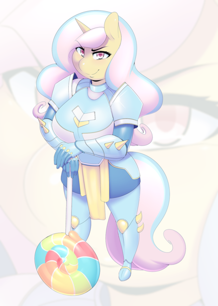 Size: 1069x1500 | Tagged: safe, artist:3mangos, derpibooru import, oc, oc:pop candy, unofficial characters only, anthro, unicorn, anthro oc, armor, big breasts, breasts, female, lollipop, looking at you