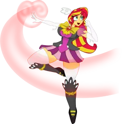 Size: 1217x1229 | Tagged: safe, artist:lil miss jay, artist:sketchy brush, derpibooru import, sunset shimmer, equestria girls, boots, bow, breasts, busty sunset shimmer, clothes, collaboration, evening gloves, female, magic, magical girl, magical sunset-chan, red hair, simple background, skirt, socks, solo, transparent background, uniform, vector, vector trace