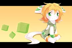 Size: 1024x679 | Tagged: safe, artist:banzatou, derpibooru import, ponified, earth pony, pony, blushing, bracelet, clothes, crossover, cute, floppy ears, freedom planet, green murder cube, looking at you, milla basset, sitting, smiling, solo, species swap, video game