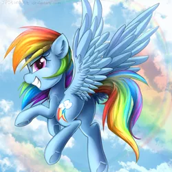 Size: 2000x2000 | Tagged: artist:meotashie, cloud, cloudy, derpibooru import, flying, rainbow, rainbow dash, safe, sky, smiling, solo, underhoof