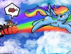 Size: 960x720 | Tagged: safe, artist:lumineko, derpibooru import, rainbow dash, 30 minute art challenge, :p, crossover, drool, flying, hungry, looking back, looney tunes, raspberry, rocket, smirk, tongue out, wile e coyote