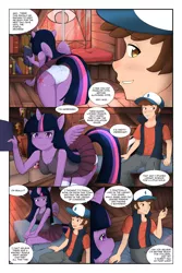 Size: 1000x1499 | Tagged: anthro, applejack, artist:shadowfenrirart, bill cipher, blushing, book, breasts, clothes, comic, comic:the to-do-list, crossover, crossover shipping, derpibooru import, dialogue, diplight, dipper pines, fluttershy, gravity falls, human, human on anthro action, miniskirt, panties, pinkie pie, pleated skirt, rainbow dash, romantic, skirt, skirt lift, sock puppet, socks, suggestive, tanktop, thighs, twibutt, twilight sparkle, twilight sparkle (alicorn), underwear, upskirt, white underwear