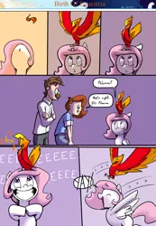 Size: 1280x1853 | Tagged: artist:shieltar, bird, cewestia, comic, comic:birth of equestria, cute, cutelestia, derpibooru import, dialogue, female, filly, hnnng, human, oc, oc:grace harmony, oc:professor harmony, philomena, phoenix, princess celestia, safe, squee, weapons-grade cute