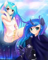 Size: 4000x5000 | Tagged: dead source, safe, artist:magnaluna, derpibooru import, princess celestia, princess luna, human, abstract background, absurd resolution, clothes, day and night, dress, eared humanization, ethereal mane, female, gloves, horned humanization, humanized, starry mane