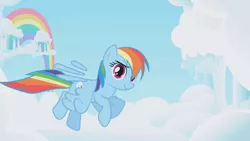 Size: 1280x720 | Tagged: safe, derpibooru import, screencap, rainbow dash, pegasus, pony, cloud, cloudsdale, cloudy, female, flying, great moments in animation, intro, looking at you, mare, opening, opening theme, rainbow, raised eyebrow, sky, smear frame, smiling, smirk, solo, spread wings, wat, wings