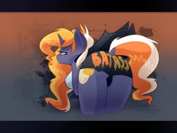 Size: 3000x2240 | Tagged: suggestive, artist:zombie, derpibooru import, oc, oc:candy corn, unofficial characters only, anthro, bat pony, bat pony unicorn, ass, bedroom eyes, bent over, braless, breasts, candy corn, clothes, dock, erect nipples, fangs, female, looking at you, looking back, nipple outline, nipples, panties, raised tail, solo, solo female, tail, the ass was fat, underwear