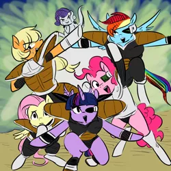 Size: 900x900 | Tagged: safe, artist:glacierclear, derpibooru import, edit, applejack, fluttershy, pinkie pie, rainbow dash, rarity, twilight sparkle, twilight sparkle (alicorn), alicorn, pony, colored, crossover, dragon ball z, female, frieza, ginyu force, image, jpeg, mane six, mare, pose, saiyan armor, scouter, sure is zarbon in here, tokusentai