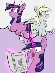 Size: 768x1024 | Tagged: suggestive, derpibooru import, derpy hooves, twilight sparkle, pegasus, pony, derpin daily, fanfic, blushing, book, butt boop, butt poking, butt touch, embarrassed, feathermarking, female, frown, gasp, lesbian, lewd, magic, mare, molestation, mood wings, open mouth, poking, question mark, reading, realization, shipping, smiling, spread wings, telekinesis, thought bubble, twerpy, twibutt, wide eyes