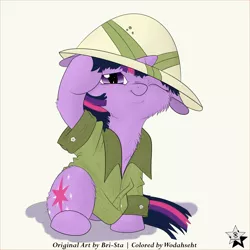 Size: 4000x4000 | Tagged: absurd resolution, artist:bri-sta, artist:wodahseht, chest fluff, clothes, costume, cute, daring do, derpibooru import, filly, floppy ears, fluffy, hat, looking at you, oversized clothes, pith helmet, safe, sitting, smiling, solo, :t, twiabetes, twilight sparkle, twily, wink