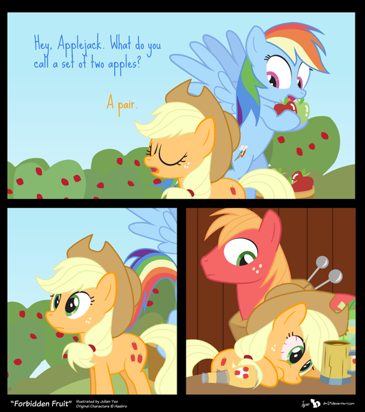 Size: 840x950 | Tagged: safe, artist:dm29, derpibooru import, applejack, big macintosh, rainbow dash, earth pony, pony, apple, bloodshot eyes, cider, comic, existential crisis, hilarious in hindsight, logic bomb, male, mental breakdown, pear, pun, stallion, that pony sure does hate pears, trio