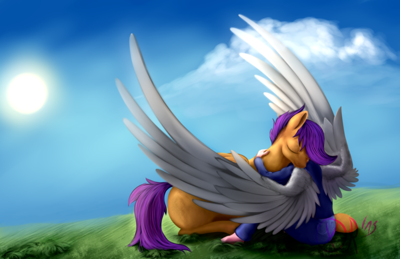 Size: 1111x719 | Tagged: artist:xormak, clothes, derpibooru import, eyes closed, happy face, hug, human, human in equestria, oc, oc:mason, safe, scootaloo, shipping, sitting, smiling, sun, winged human